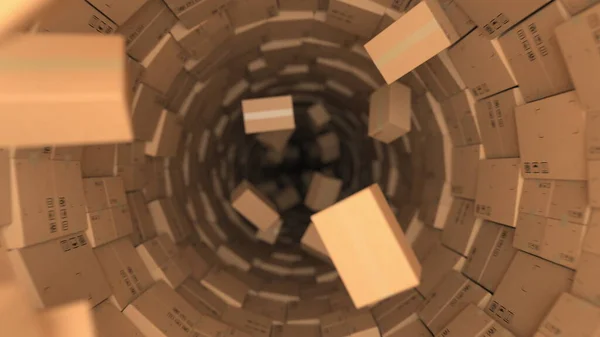 Túnel hecho con cajas de cartón y muchos paquetes voladores, renderizado 3d. Reenvío del concepto —  Fotos de Stock