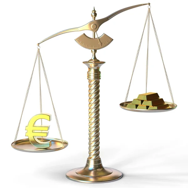 Euro símbolo pesa mais do que barras de ouro em balanças de equilíbrio. Renderização 3d — Fotografia de Stock