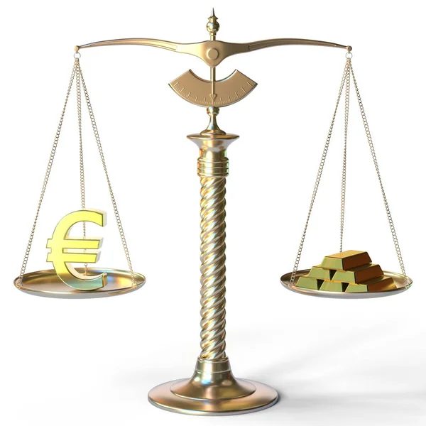 Euro símbolo pesa o mesmo que barras de ouro em balanças de equilíbrio. Renderização 3d — Fotografia de Stock