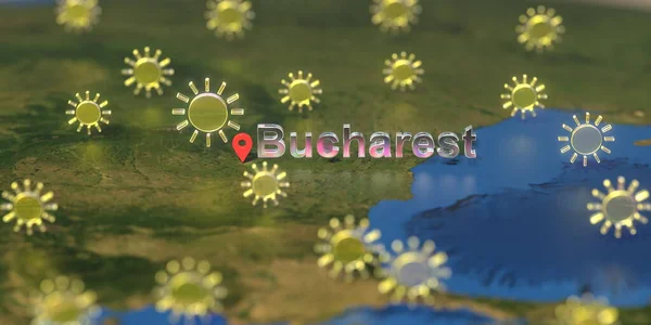 Sunny weather icons near Bucharest city on the map, weather forecast related 3D rendering — Stock Photo, Image