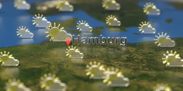 Αμβούργο πόλη και εν μέρει συννεφιά εικονίδιο του καιρού στο χάρτη, πρόγνωση καιρού που σχετίζονται με 3D απόδοση — Φωτογραφία Αρχείου