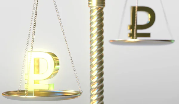 Знак рубля весит меньше, чем другой символ рубля на весах золотого баланса, концептуальный 3D рендеринг — стоковое фото