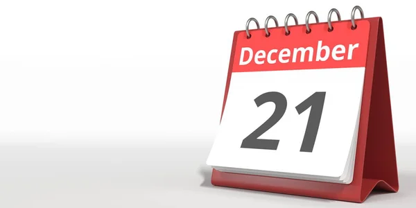 21 грудня дата на сторінці календаря, 3d візуалізація — стокове фото