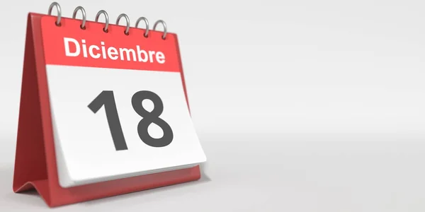 Dezembro 18 data escrita em espanhol no calendário flip, renderização 3d — Fotografia de Stock