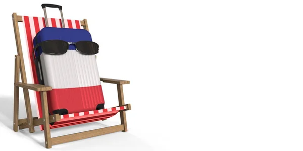 Mala com bandeira da França em uma cadeira de praia, conceito de turismo, renderização 3d — Fotografia de Stock