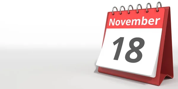 18 de noviembre fecha en la página del calendario de volteo, 3d renderizado — Foto de Stock