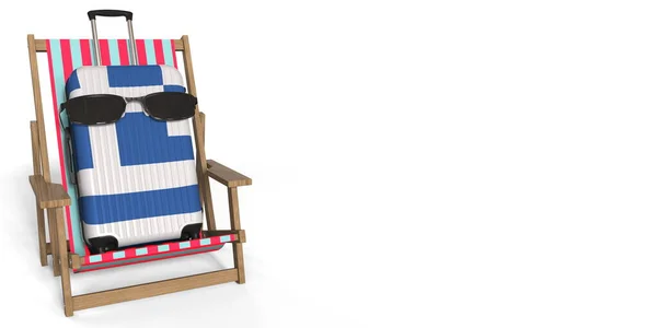 Bandeira da Grécia em mala e cadeira de praia. Conceito de viagem, renderização 3d — Fotografia de Stock
