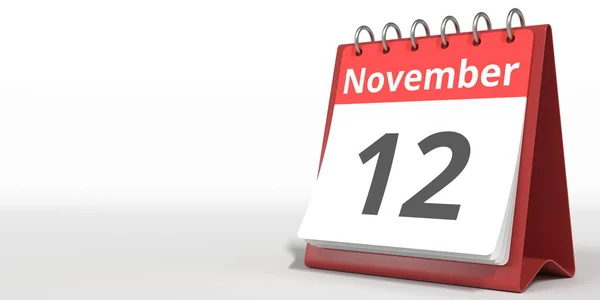 12 de noviembre fecha en la página del calendario de volteo, 3d renderizado — Foto de Stock