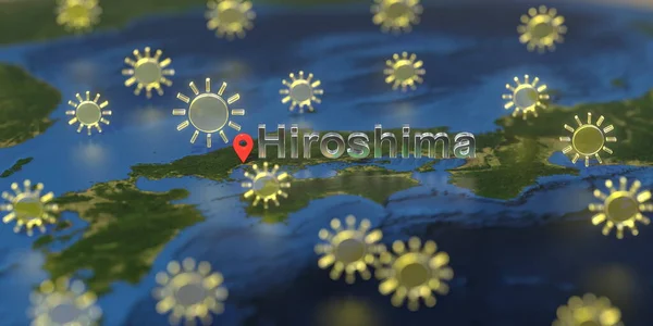 Zonnig weer pictogrammen in de buurt van Hiroshima stad op de kaart, weersvoorspelling gerelateerde 3D-weergave — Stockfoto