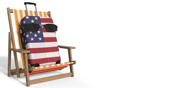 Koffer met vlag van de USA met zonnebril op een strandstoel. Vakantie concept, 3d rendering — Stockfoto