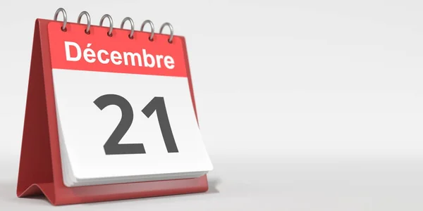21 грудня: Дата, написана французькою на сторінці flip календаря, 3d рендеринг — стокове фото