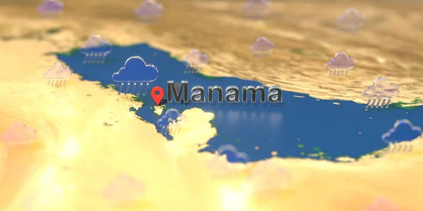 Манамське місто і ікона дощової погоди на карті, прогноз погоди пов'язані 3D рендеринг — стокове фото