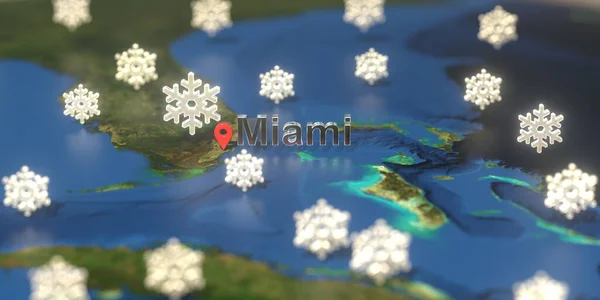 Miami şehri ve karlı hava durumu simgesi haritada, hava tahmini 3D ile ilgili — Stok fotoğraf