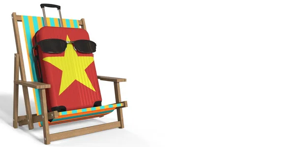 Valigia con bandiera del Vietnam con occhiali da sole su una sedia da spiaggia. Concetto di vacanza, rendering 3d — Foto Stock