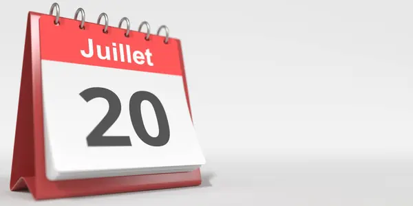 Datum 20. Juli in französischer Sprache auf der Umblätterkalenderseite, 3D-Darstellung — Stockfoto