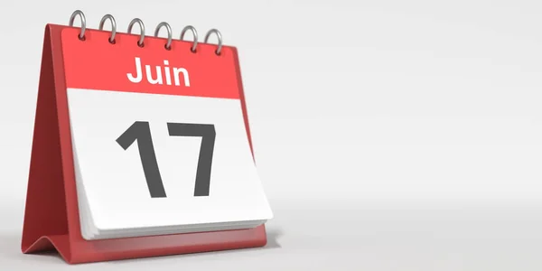 17 de junio fecha escrita en francés en la página del calendario flip, 3d rendering — Foto de Stock