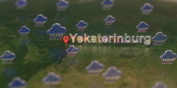 Ікони дощу біля Єкатеринбурга на карті, прогноз погоди пов'язаний з 3D рендерингом — стокове фото