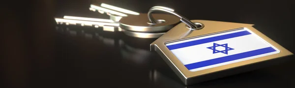 Σημαία του Ισραήλ στο μπρελόκ με δύο κλειδιά. Έννοιες ενοικίασης κατοικιών ή διαμονής, 3d rendering — Φωτογραφία Αρχείου
