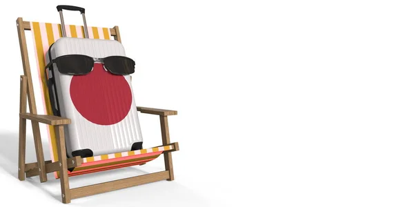 Flaga Japonii na walizce i fotelu plażowym. Koncepcja podróży, renderowanie 3d — Zdjęcie stockowe