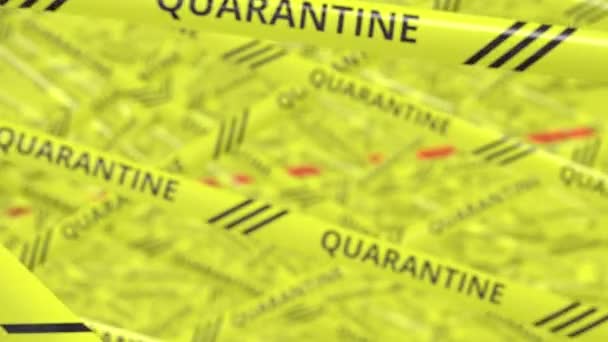 Fitas de advertência com texto QUARANTINE e CORONAVIRUS. Animação 3d conceitual — Vídeo de Stock