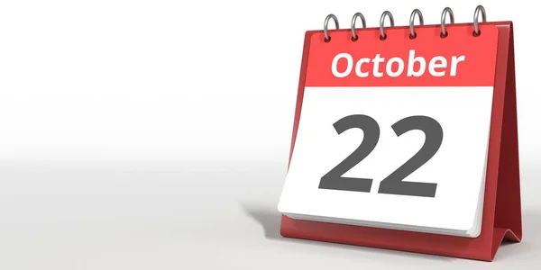 22 de octubre fecha en la página del calendario de volteo, 3d renderizado — Foto de Stock