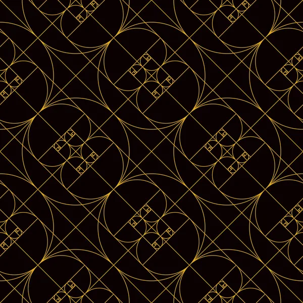 ゴールデンスパイラルパターンゴールデンスパイラルは 黒の背景に黄色の線で繰り返しパターンに反映されます 黄金のセクションとして知られています 黄金の平均 神の割合やギリシャ文字ピ — ストックベクタ
