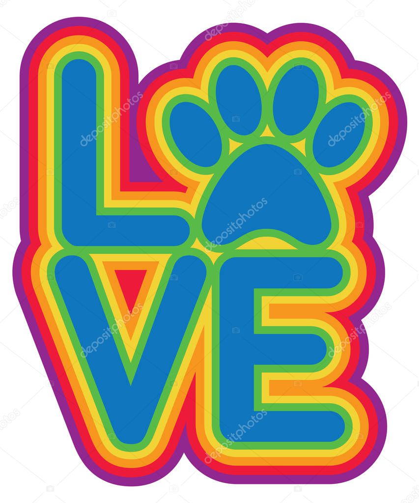 Love pet paw retro style outlined design in rainbow colors.