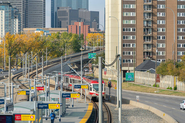 4 October 2020 - Calgary Alberta Canada - Calgary transit LRT train in station