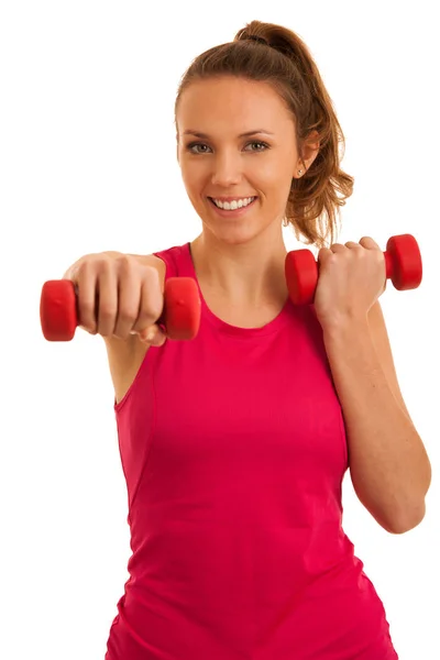 Beautiful Young Active Fit Woman Workout Dumbbells Isolated White Background — Stock Photo, Image
