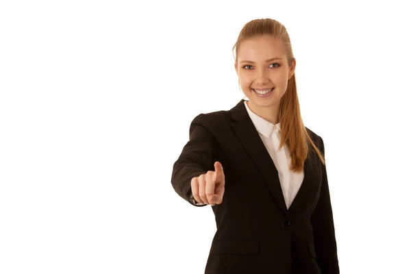 Mujer Negocios Presionando Botón Virtual Sobre Fondo Gris — Foto de Stock