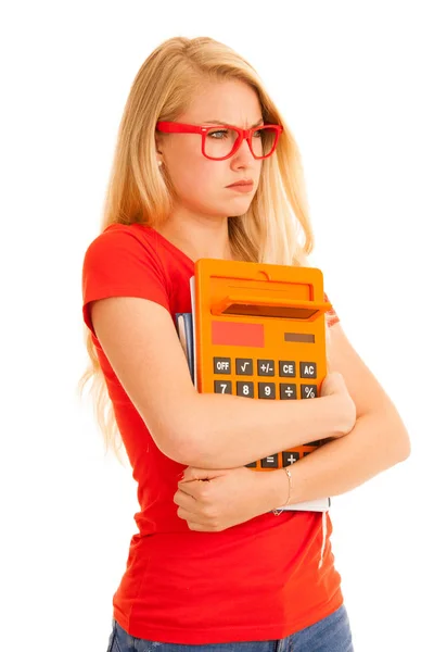 Joven Estudiante Sorprendido Camiseta Roja Con Calculadora Aislada Sobre Blanco — Foto de Stock