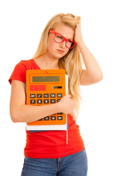 Shocked Young Student Red Shirt Calculator Isolated White — Stock Photo, Image