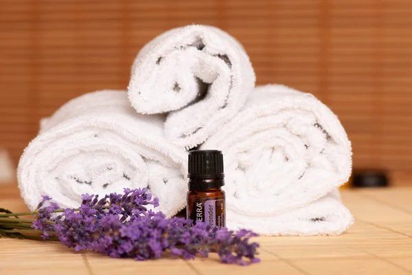 White Towels Massage Rocks Spa Salon Dark Light Bamboo Background — Stock Photo, Image