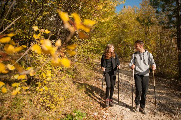 Unga Par Hikino Varm Höst Eftermiddag Naturen — Stockfoto