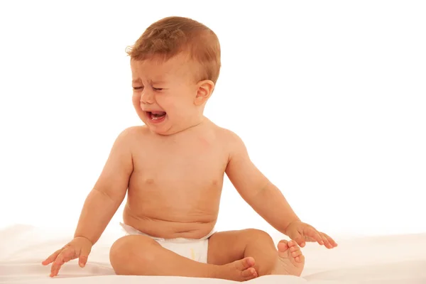 Sad Baby Boy Crying Bed Isolated White — Stock Photo, Image