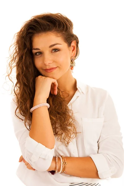 Atractiva Joven Mujer Negocios Pensativa Sonriendo Aislado Sobre Fondo Blanco — Foto de Stock