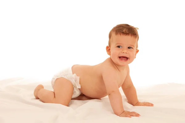 Glücklicher Kleiner Junge Beim Spielen Auf Dem Bett Isoliert Über — Stockfoto