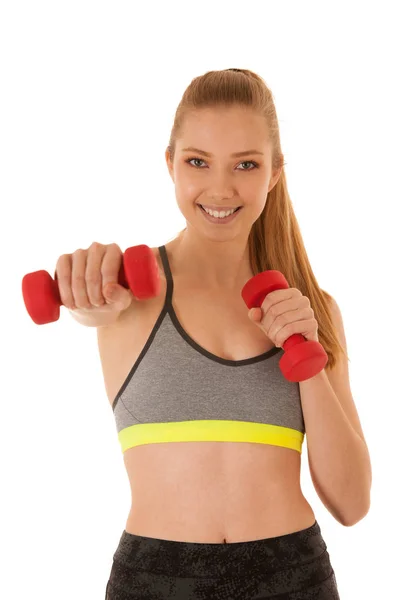 Beautiful Young Fit Woman Works Out Dumbbells Isolated White Background — Stock Photo, Image