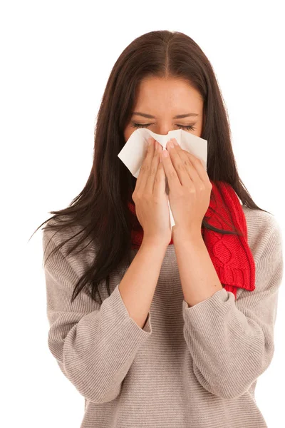 Ill Woman Flu Blows Handkerchief Isolated White Background Stock Image