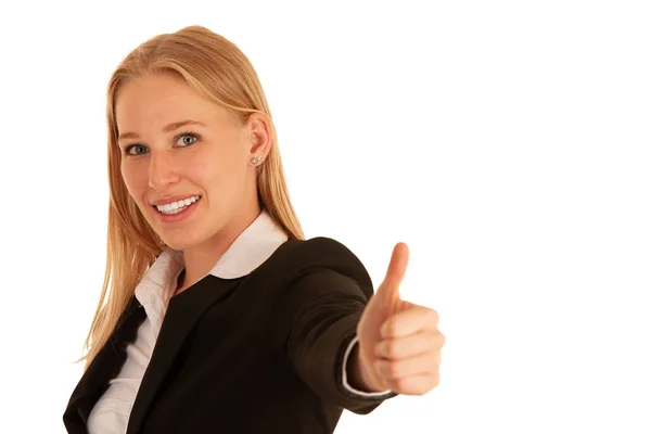Sød Business Kvinde Gestus Succes Med Tommelfinger Isoleret Hvid - Stock-foto