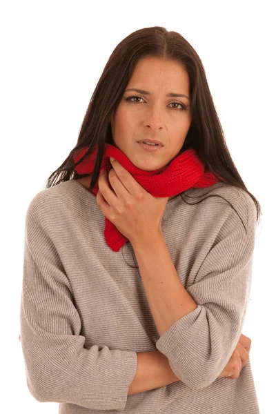 白い背景に分離された喉の痛みを持っている若い病気の女性 — ストック写真
