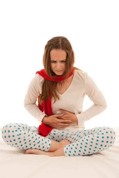 Junge Brünette Kaukasische Frau Mit Schmerzen Ihrem Magenmenstruationszyklus — Stockfoto