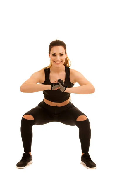 Young Sporty Woman Doing Squats Isolated White Background — Stock Photo, Image