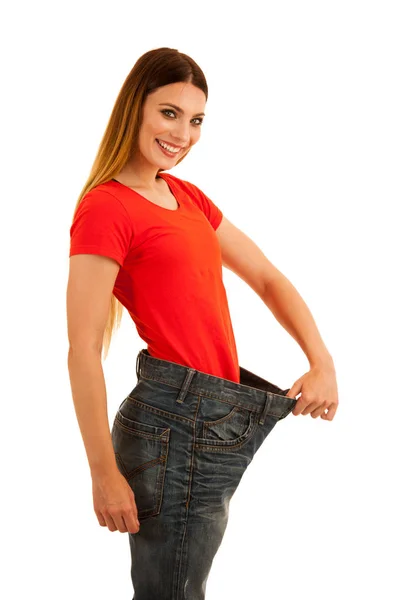 Beautiful Young Woman Holds Too Big Trousers She Lost Weight — Stock Photo, Image