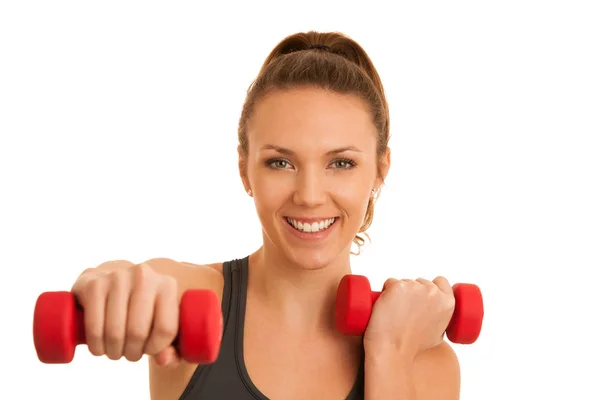 Beautiful Young Active Fit Woman Workout Dumbbells Isolated White Background — Stock Photo, Image