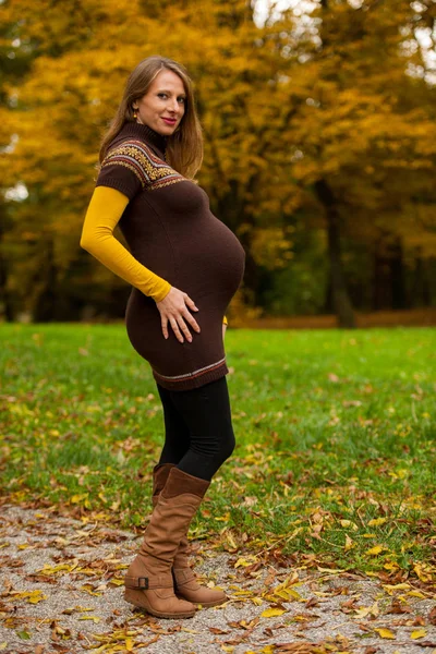 Beautiful Pregnant Woman Outdoor Park Autumn Afternoon Vibrant Nature Colors — Stock Photo, Image