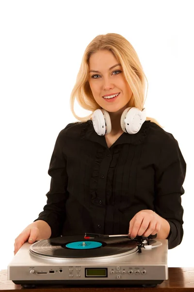 Gramofon Vinil Onun Elinde Beyaz Bitti Izole Kadın Dinleme Müzik — Stok fotoğraf