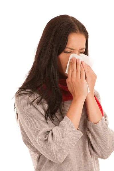 Ill Woman Flu Blows Handkerchief Isolated White Background Royalty Free Stock Images