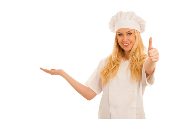 Jonge Blonde Chef Kok Punten Kopiëren Van Ruimte Zoals Een — Stockfoto