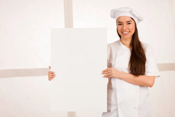 Young Blonde Chef Woamn Holds Kitchenware She Prepares Cook Meal — Stock Photo, Image